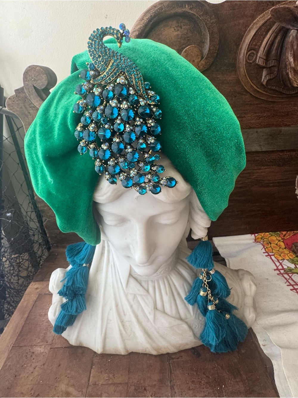 NEW LUXURY Emerald  Velvet TURBAN Headband, Tassel earrings, Peacock brooch